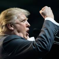 U.S. Republican presidential candidate Donald Trump speaks during a rally Thursday in Charleston, West Virginia. | AFP-JIJI