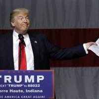 Republican presidential candidate Donald Trump speaks during a campaign rally at the Indiana Theater Sunday in Terre Haute, Indiana. | AP