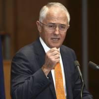 Prime Minister Malcolm Turnbull speaks to the media at Parliament House in Canberra on Sunday after he announced a double dissolution election on July 2 and put economic management at the forefront of his campaign to win a second three-year term for his conservative coalition. | AP