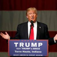 U.S. Republican presidential candidate Donald Trump speaks at a campaign event in Terre Haute, Indiana, on May 1. | REUTERS