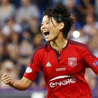 Saki Kumagai celebrates after scoring the decisive penalty for Lyon during the Champions League final on Thursday. | REUTERS