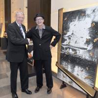 Kyoto-based American artist Daniel Kelly (right) poses with Heinrich Grafe, general manager of Conrad Tokyo, at the opening April 27 of \"Daniel Kelly\'s Golden Touch,\" an exhibition of prints and paintings being held at the hotel until May 8 with the help of The Tolman Collection art gallery. | YOSHIAKI MIURA