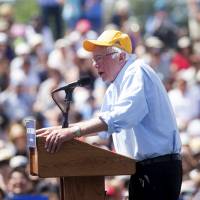 Democratic presidential candidate Sen. Bernie Sanders, speaks during a campaign rally at the Cubberley Community Center on Wednesday in Palo Alto, California. | AP