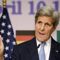 U.S. Secretary of State John Kerry speaks at a news conference in Hiroshima in April. | KYODO