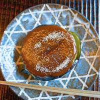 Heirloom flavors: Kamonasu, a Kyoto variety of eggplant, is served as dengaku nasu, this is cut in half, smothered in white and red miso, and grilled. | J.J. O\'DONOGHUE