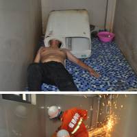 This combination photograph shows a man with his head stuck in a washing machine, and rescuers working to extricate him, in Fuqing County, China, on Sunday. | REUTERS