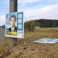 Posters for LDP candidate still standing (and lying) in a Chiba field a month after the election | REUTERS