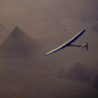 Solar Impulse 2 approaches Cairo on Wednesday, completing the penultimate leg of the first round-the-world flight powered by solar energy. It will next attempt to fly to Abu Dhabi, where it set off from in March 2015. It made an unscheduled landing in Nagoya last summer and had to stay there for a month when bad weather set in over the Pacific. | SOLAR IMPULSE