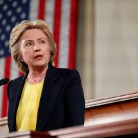 Democratic U.S. presidential candidate Hillary Clinton speaks at the Old State House in Springfield, Illinois, on Wednesday. | REUTERS