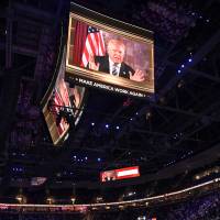 Presidential nominee Donald Trump addresses the Republican National Convention in Cleveland on Tuesday, its second day. | AP