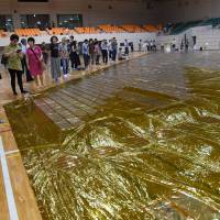 People view part of a mock-up sail intended to power JAXA\'s space probe, in Sagamihara, Kanagawa Prefecture, on July 13. | SATOKO KAWASAKI