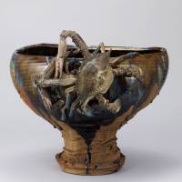 “Flower Vase, Pottery with Brown Glaze and Crabs” (1881), an Important Cultural Property The embellished world of Kozan Miyagawa's ceramics