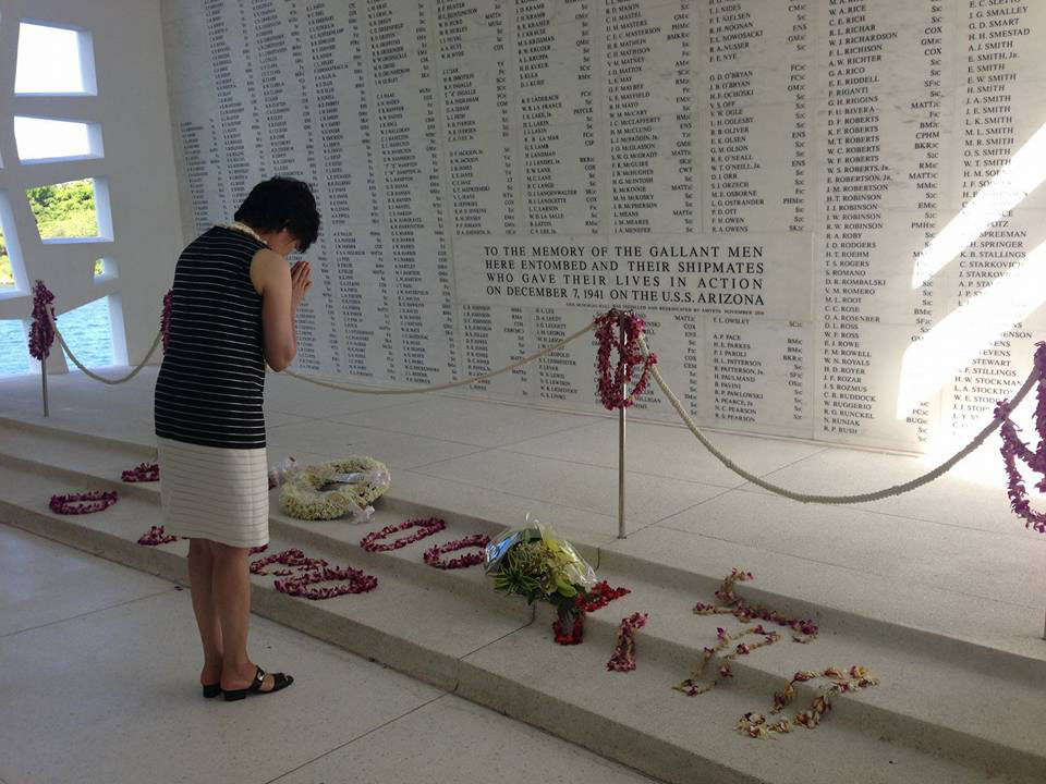This photo posted on Akie Abe's Facebook account shows her at the USS Arizona Memorial in Honolulu on Monday. She paid respects to victims of the Pearl Harbor attack by Imperial Japanese forces on Dec. 7, 1941. | PETER BACKHAUS