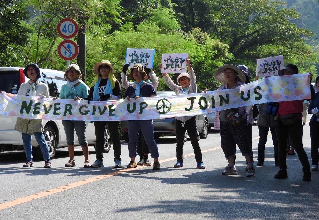 Demonstrators block the road in the Takae district of the village of Higashi in Okinawa Prefecture, holding Japanese signs saying 'Protect the Yanbaru (jungle).' | JON MITCHELL