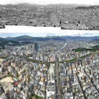 A combinatioin of five photos that were restored recently shows the devastation of Hiroshima following the 1945 atomic bombing of the city; A panoramic photo shows the present Hiroshima seen from the same spot. | KYODO