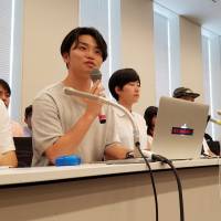 Aki Okuda (left), one of the founding members of the disbanded liberal youth political group SEALDs, speaks at a news conference with fellow members Tuesday in the Diet building. | TOMOHIRO OSAKI