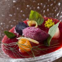Palate cleanser: A refreshing pre-dessert featuring seasonal salad vegetables in a red fruit compote covering a base of refreshingly tart yoghurt. | RITZ-CARLTON KYOTO