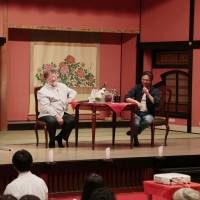 Forest pitch: C.W. Nicol is joined on stage by Ryoichi Yuki, president of Edo Wonderland, during a lecture he gave to more than 100 of the theme park\'s staffers on the benefits of managing its woodlands the Edo Period way. | COURTESY OF EDO WONDERLAND