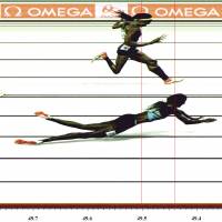 The image provided by OMEGA on Monday shows the photo finish of the women\'s 400-meter final when Bahamas\' Shaunae Miller (bottom) falls over the finish line to win gold ahead of United States\' Allyson Felix (top) and Shericka Jackson of Jamaica in the 2016 Rio de Janeiro Games. The figures at the bottom indicate the time when the chest of the athletes crossed the finish line. | OMEGA TIMING VIA AP