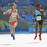 Chisato Fukushima competes in the women\'s 200-meter heat on Monday at the 2016 Rio de Janeiro Olympic. Fukushima failed to advance. | KYODO