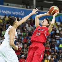 Sanae Motokawa shoots during the women\'s basketball quarterfinal game against the United States on Tuesday at the 2016 Rio Games. The U.S. won 110-64. | KYODO