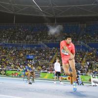Ryohei Arai makes his second attempt during the men\'s javelin throw final on Saturday at the 2016 Rio Games. | KYODO