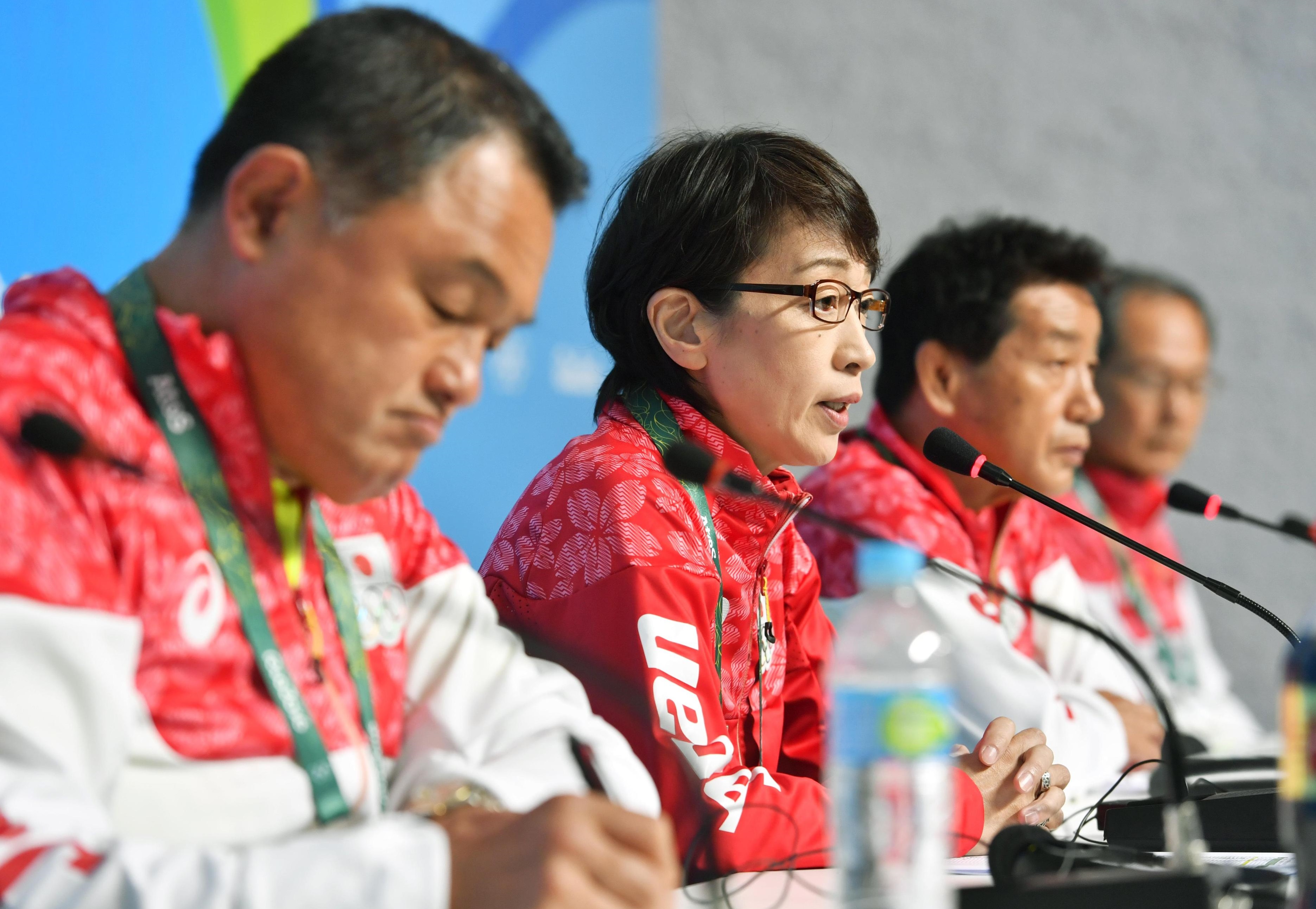Japan Rio Olympic Chef de Mission Seiko Hashimoto (center) speaks at a news conference in Rio de Janeiro on Sunday. | KYODO