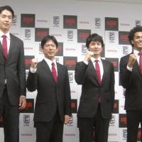 From left: Forward/center Joji Takeuchi, president Kunihiko Hayashi, head coach Takuma Ito and guard/forward Eddy Seaun pose for a photo at a news conference for the Alvark Tokyo earlier this month. | KAZ NAGATSUKA