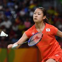 Nozomi Okuhara competes during the Olympic women\'s badminton semifinals on Thursday in Rio de Janeiro. | AFP-JIJI