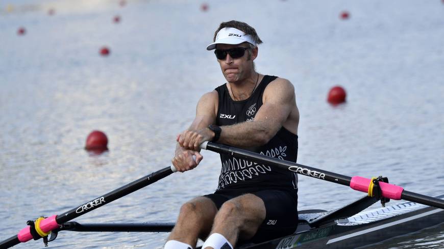 New Zealand’s Mahe Drysdale rows during the men’s single sculls quarterfinals on the Rodrigo de Freitas Lagoon during the Rio Olympics in Rio de Janeiro on Tuesday. 'Grandpa' Drysdale triumphs over rival Synek in single sculls quarterfinal
