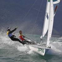 The Japanese boat competes in the Olympic women\'s 470 sailing competition on Thursday. | REUTERS