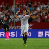 Sevilla\'s Hiroshi Kiyotake celebrates his second-half goal against Espanyol on Saturday in Seville, Spain. | REUTERS