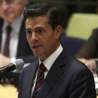 President Enrique Pena Nieto of Mexico speaks during a high-level meeting on addressing large movements of refugees and migrants at the United Nations General Assembly in Manhattan Monday. | REUTERS