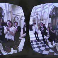 Virtual wedding guests are displayed for viewing in a pair of goggles. The app was developed by a Nagoya-based smartphone games developer. | CHUNICHI SHIMBUN