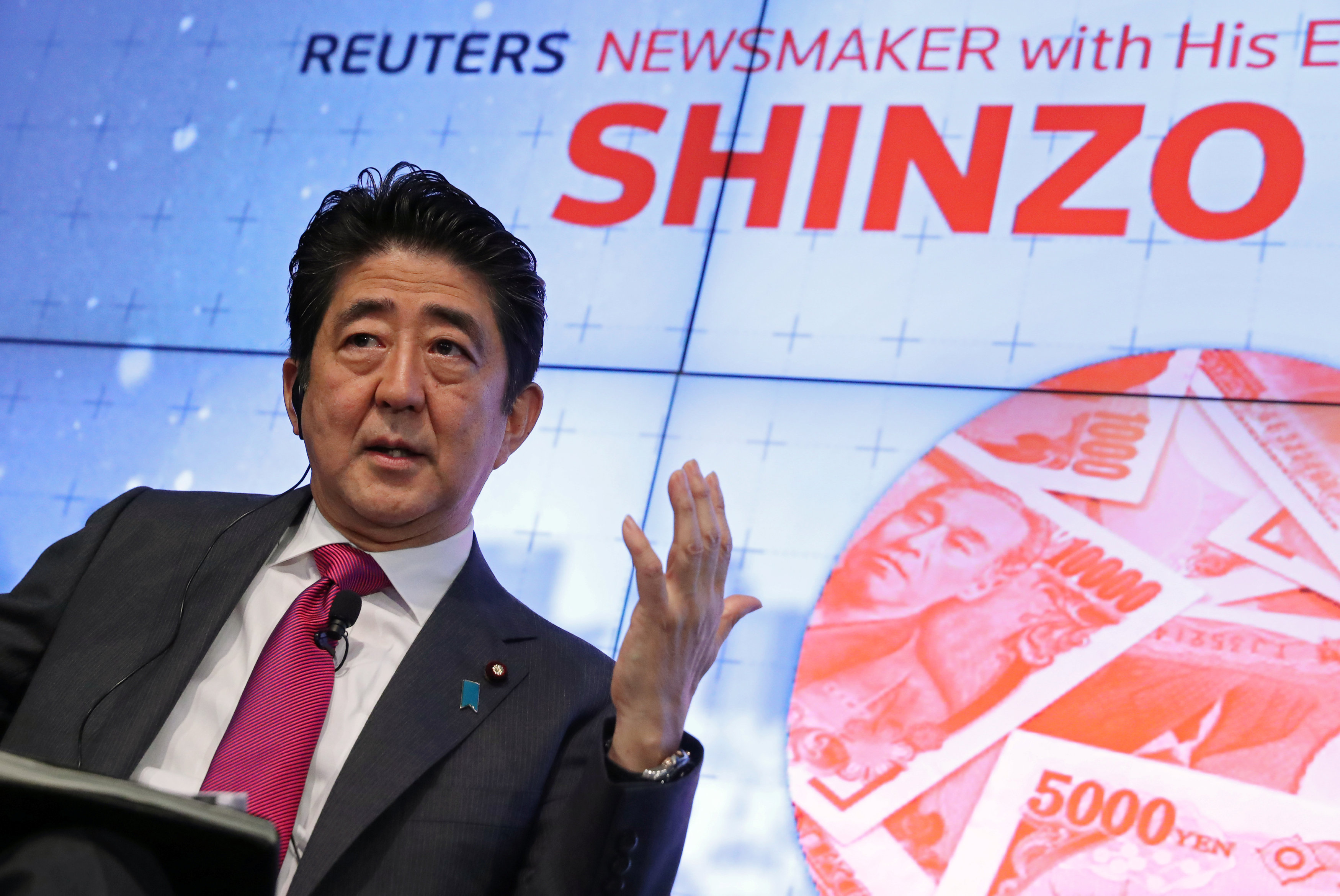 Prime Minister Shinzo Abe speaks during a Reuters Newsmaker conversation in New York on Wednesday. | REUTERS