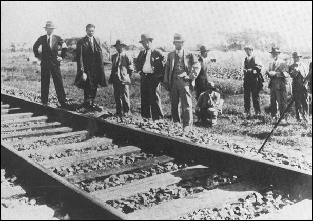 Aggressive action: Following the 1931 Mukden Incident &#8212; when Japanese troops exploded dynamite near their train tracks, blamed it on the Chinese and used this as a pretext to invade and pacify Manchuria &#8212; Japanese experts gathered to inspect the scene of the 'railway sabotage' on the railway line. | PUBLIC DOMAIN