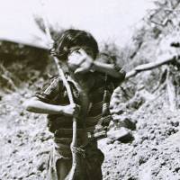Tiny survivor: Tomiko Higa holds a white flag and covers her face, in a photo taken on June 25, 1945. | WIKIMEDIA COMMONS