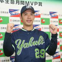 Tokyo Yakult Swallows pitcher Yasuhiro Ogawa had a 4-0 record and three complete games in August. | KYODO