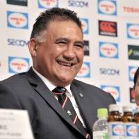 New Japan head coach Jamie Joseph smiles during a news conference on Monday. | YOSHIAKI MIURA