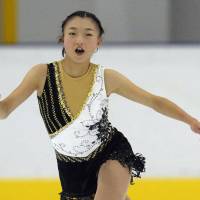 Kaori Sakamoto placed first in the women\'s short program at the Yokohama Junior Grand Prix on Friday at the Shin-Yokohama Skate Center with 65.66 points. | KYODO