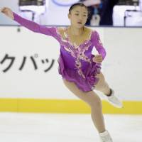 Kaori Sakamoto performs her free-skate routine at the Yokohama Junior Grand Prix at Shin-Yokohama Skate Center on Sunday. | KYODO