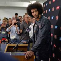 San Francisco 49ers quarterback Colin Kaepernick speaks to the media after Thursday\'s game against the host San Diego Chargers at Qualcomm Stadium. | JAKE ROTH-USA TODAY SPORTS