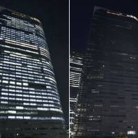 This combo photo shows the brightly lit head office building of Dentsu Inc. in Tokyo at 10 p.m. on Friday (left) and the same building with most of its lights off at 10:05 p.m. on Monday. Dentsu began to turn all lights off at 10 p.m. to reduce overtime work. | KYODO