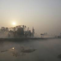 The sun rises on a foggy morning Saturday on the outskirts of Srinagar in Indian-controlled Kashmir. | AP