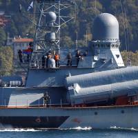 The Russian Navy\'s missile corvette Mirazh sails in the Bosphorus off Istanbul on its way to the Mediterranean Sea on Friday. | REUTERS