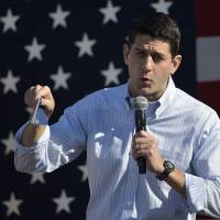House Speaker Paul Ryan addresses a local Republican event at the Walworth County Fairgrounds in Elkhorn, Wisconsin, on Saturday. | AFP-JIJI