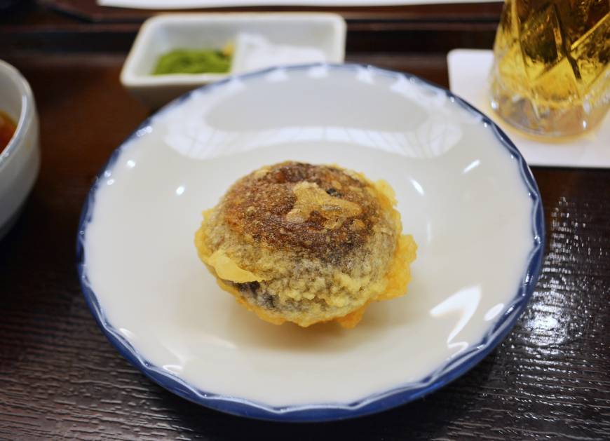 Tempura Endo Yasaka Golden nugget: The shiitake tempura at Endo is wrapped in minced prawn and encrusted is a thin coat of crunchy batter. | J.J. O'DONOGHUE