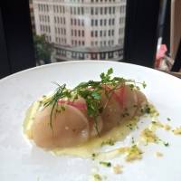 Dining room with a view: A starter of finely sliced raw scallops rests on a bed of couscous at Bistro Marx, in the new Ginza Place building. Bistro Marx: Casual, classic cuisine high above the streets of Ginza