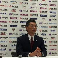 Samurai Japan manager Hiroki Kokubo speaks during a news conference in Tokyo on Tuesday. | JASON COSKREY
