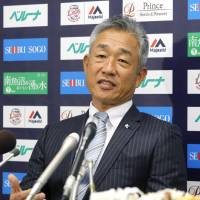 Hatsuhiko Tsuji speaks at his first news conference as Seibu Lions manager on Monday. | KYODO